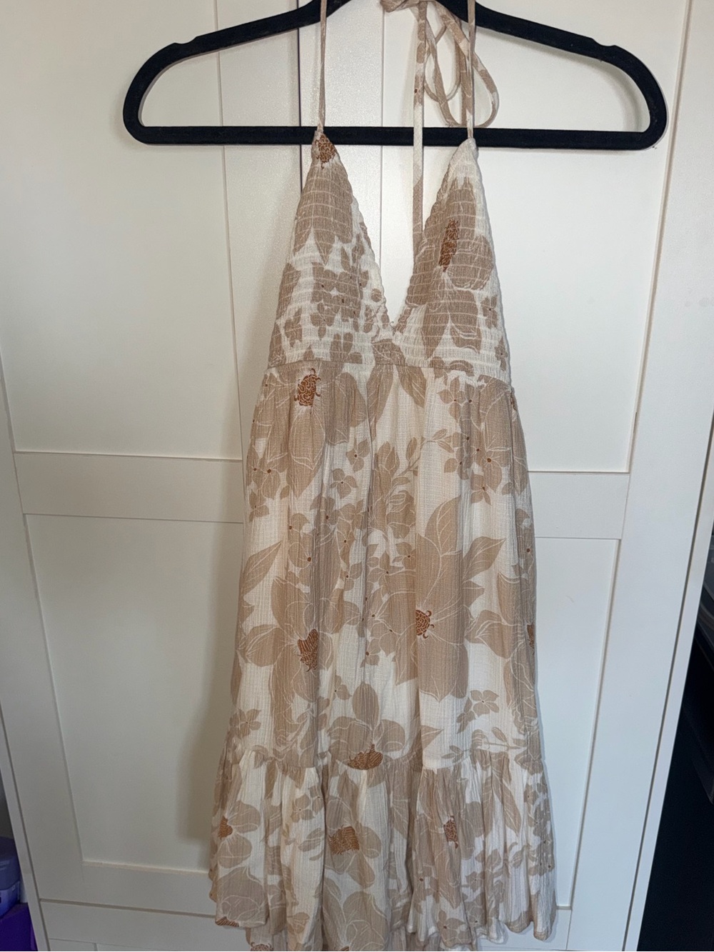 Halter Floral Midi Dress in Beige and Cream